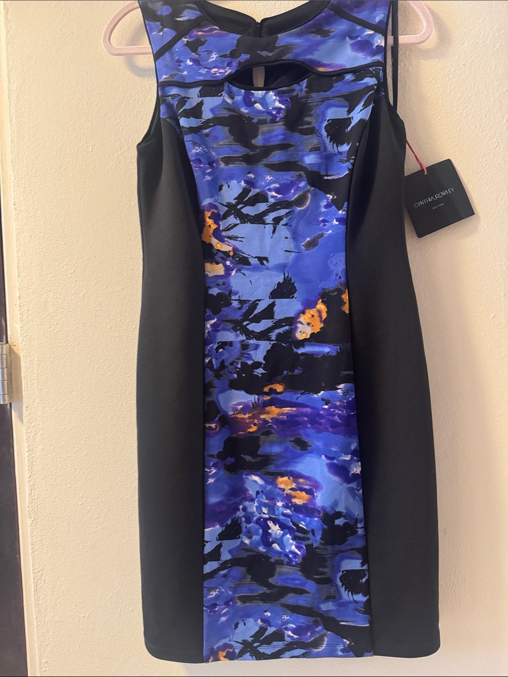 Cynthia Rowley Black Midi Dress with Blue & Orange Abstract Panel